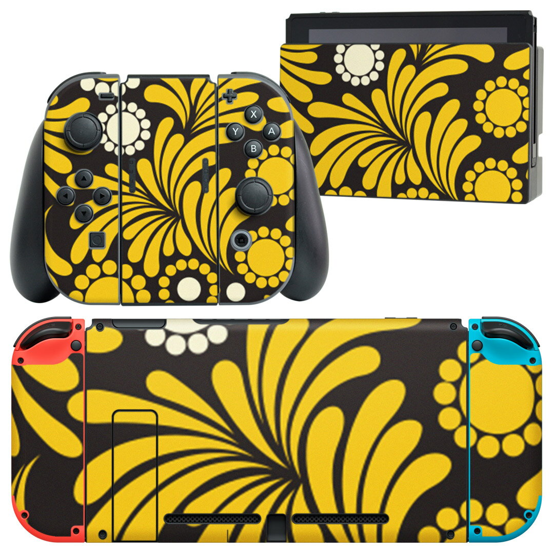 igsticker Nintendo Switch 用 デザインスキンシール 任天堂 ニンテンドー スイッチ 専用 本体ドック Joy-Con Joycon ジョイコン 専用 ゲーム機 カバー アクセサリー フィルム ステッカー 004022 花　　黒　黄色
