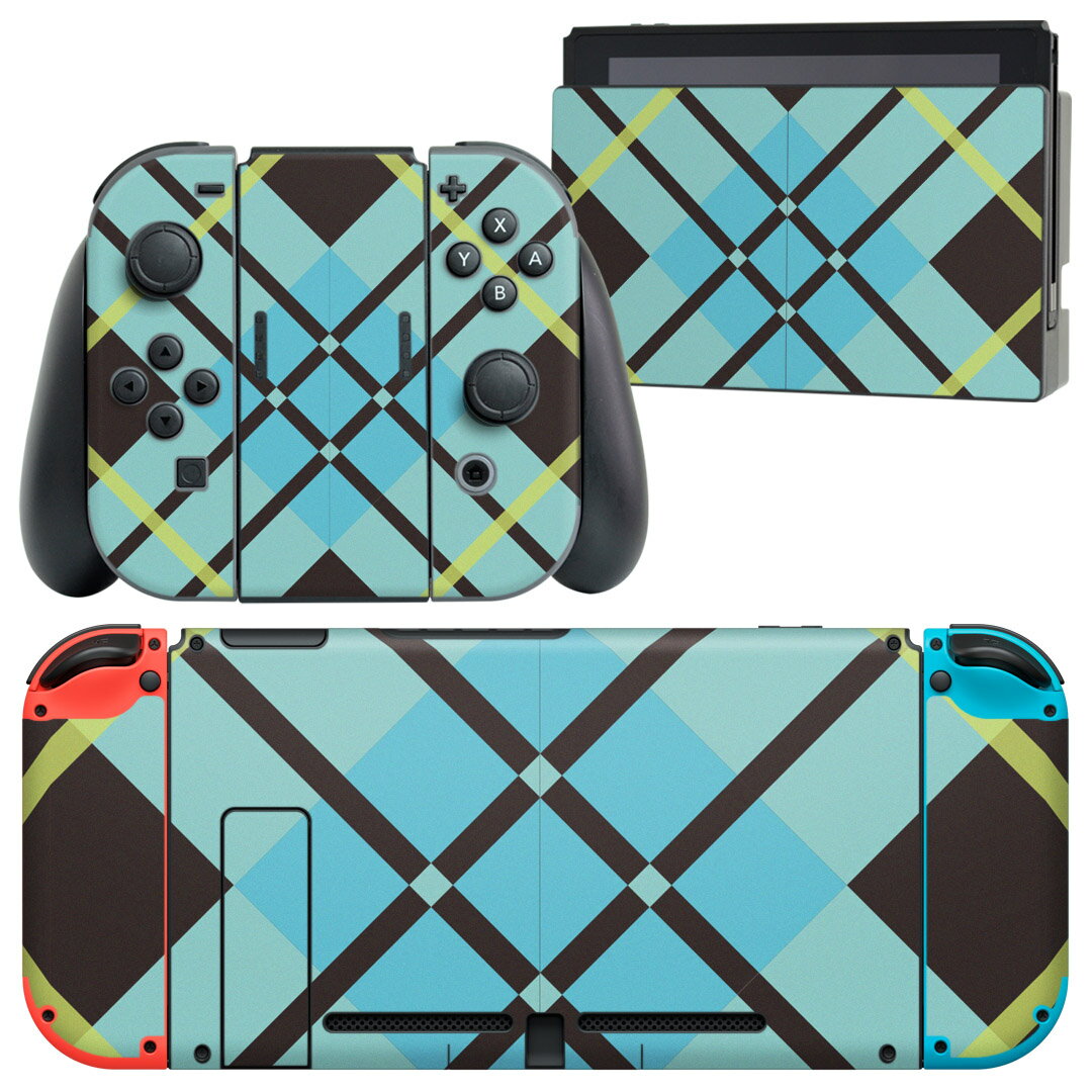 igsticker Nintendo Switch 用 デザインスキンシール 任天堂 ニンテンドー スイッチ 専用 本体ドック Joy-Con Joycon ジョイコン 専用 ゲーム機 カバー アクセサリー フィルム ステッカー 004036 チェック　青　黒