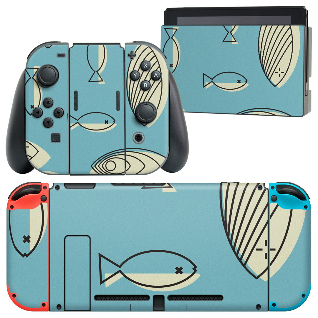 igsticker Nintendo Switch 用 デザインスキンシール 任天堂 ニンテンドー スイッチ 専用 本体ドック Joy-Con Joycon ジョイコン 専用 ゲーム機 カバー アクセサリー フィルム ステッカー 004045 海　魚　青