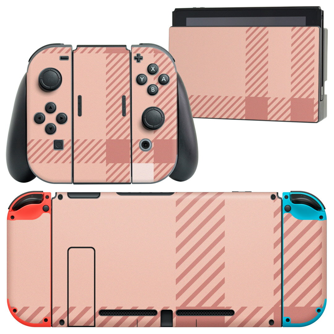 igsticker Nintendo Switch 用 デザインスキンシール 任天堂 ニンテンドー スイッチ 専用 本体ドック Joy-Con Joycon ジョイコン 専用 ゲーム機 カバー アクセサリー フィルム ステッカー 004149 チェック 白 ピンク