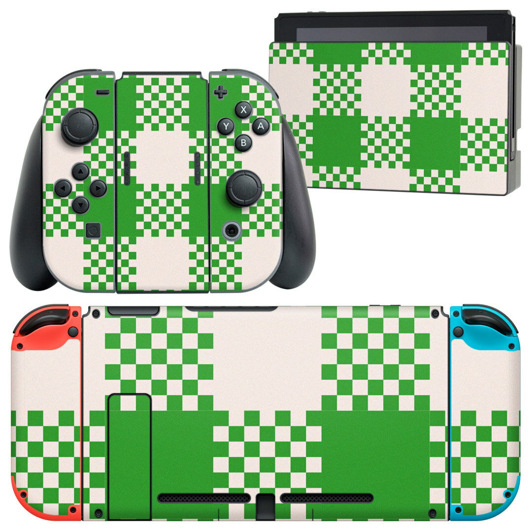 igsticker Nintendo Switch 用 デザインスキンシール 任天堂 ニンテンドー スイッチ 専用 本体ドック Joy-Con Joycon ジョイコン 専用 ゲーム機 カバー アクセサリー フィルム ステッカー 004153 チェック　緑　白