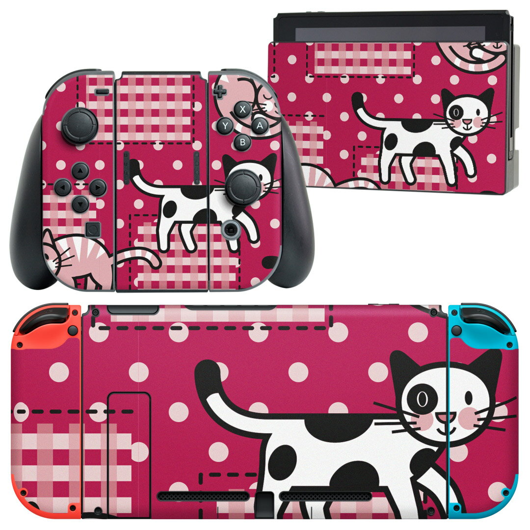 igsticker Nintendo Switch 用 デザインスキンシール 任天堂 ニンテンドー スイッチ 専用 本体ドック Joy-Con Joycon ジョイコン 専用 ゲーム機 カバー アクセサリー フィルム ステッカー 004232 猫 動物 水玉 チェック