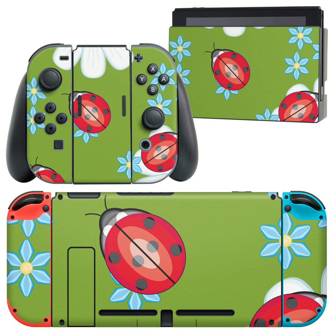 igsticker Nintendo Switch 用 デザインスキンシール 任天堂 ニンテンドー スイッチ 専用 本体ドック Joy-Con Joycon ジョイコン 専用 ゲーム機 カバー アクセサリー フィルム ステッカー 004233 花 てんとう虫 緑