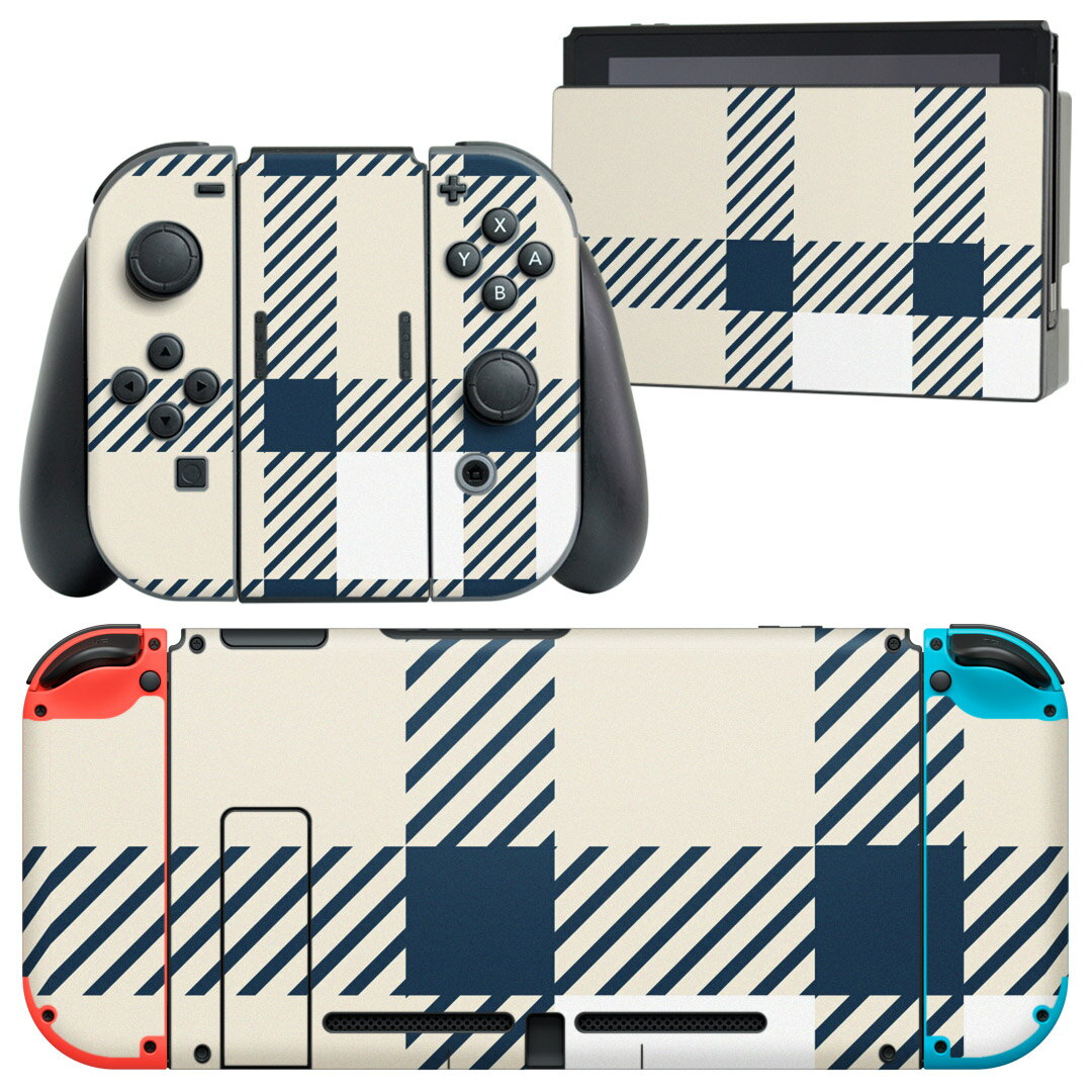 igsticker Nintendo Switch 用 デザインスキンシール 任天堂 ニンテンドー スイッチ 専用 本体ドック Joy-Con Joycon ジョイコン 専用 ゲーム機 カバー アクセサリー フィルム ステッカー 004261 チェック 紺 白