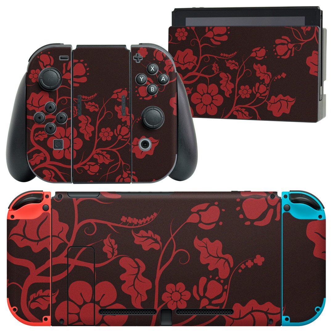 igsticker Nintendo Switch 用 デザインスキンシール 任天堂 ニンテンドー スイッチ 専用 本体ドック Joy-Con Joycon ジョイコン 専用 ゲーム機 カバー アクセサリー フィルム ステッカー 004319 模様　花　黒