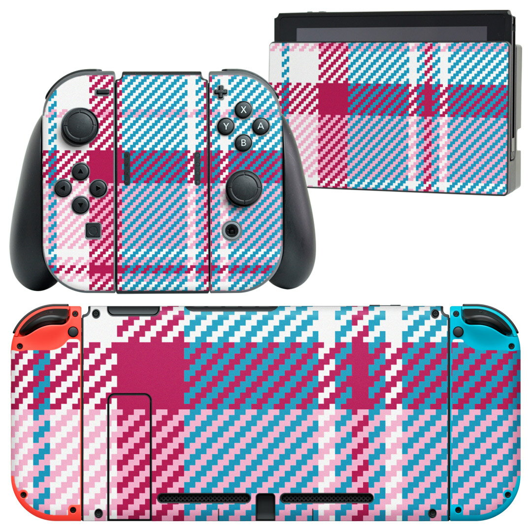 igsticker Nintendo Switch 用 デザインスキンシール 任天堂 ニンテンドー スイッチ 専用 本体ドック Joy-Con Joycon ジョイコン 専用 ゲーム機 カバー アクセサリー フィルム ステッカー 004379 チェック　模様　ピンク