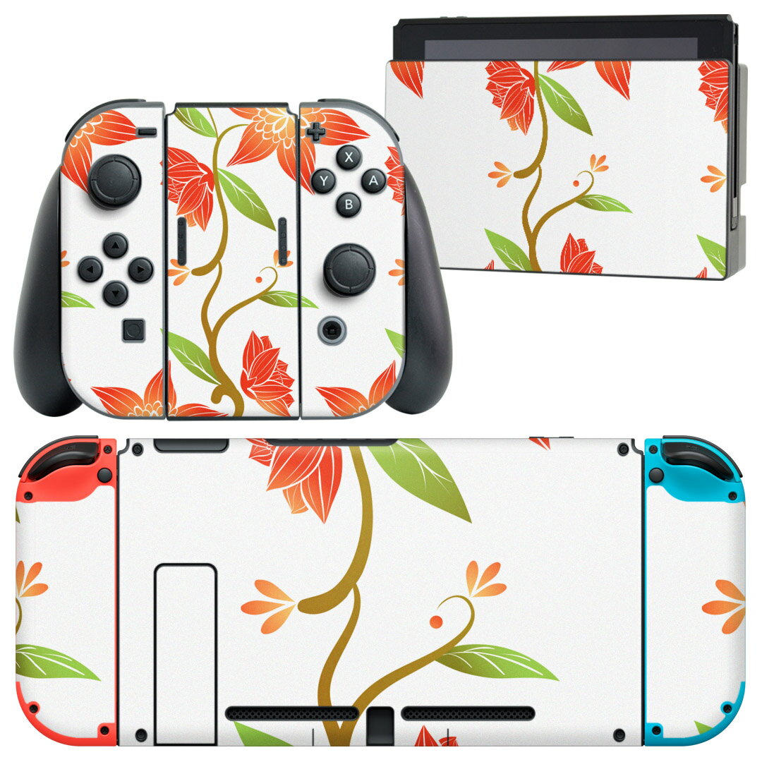 igsticker Nintendo Switch 用 デザインスキンシール 任天堂 ニンテンドー スイッチ 専用 本体ドック Joy-Con Joycon ジョイコン 専用 ゲーム機 カバー アクセサリー フィルム ステッカー 004440 花　　赤