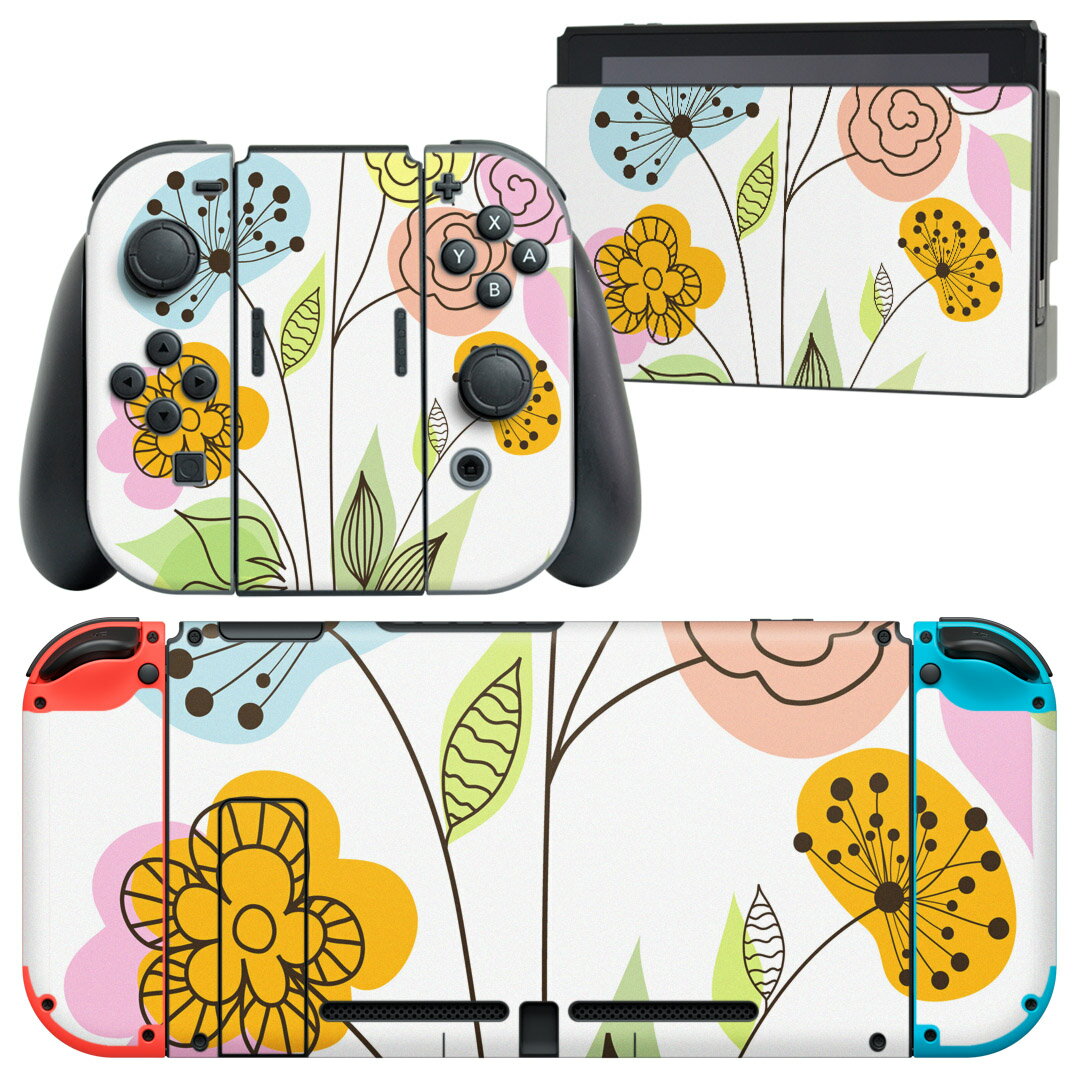 igsticker Nintendo Switch 用 デザインスキンシール 任天堂 ニンテンドー スイッチ 専用 本体ドック Joy-Con Joycon ジョイコン 専用 ゲーム機 カバー アクセサリー フィルム ステッカー 004485 花　カラフル
