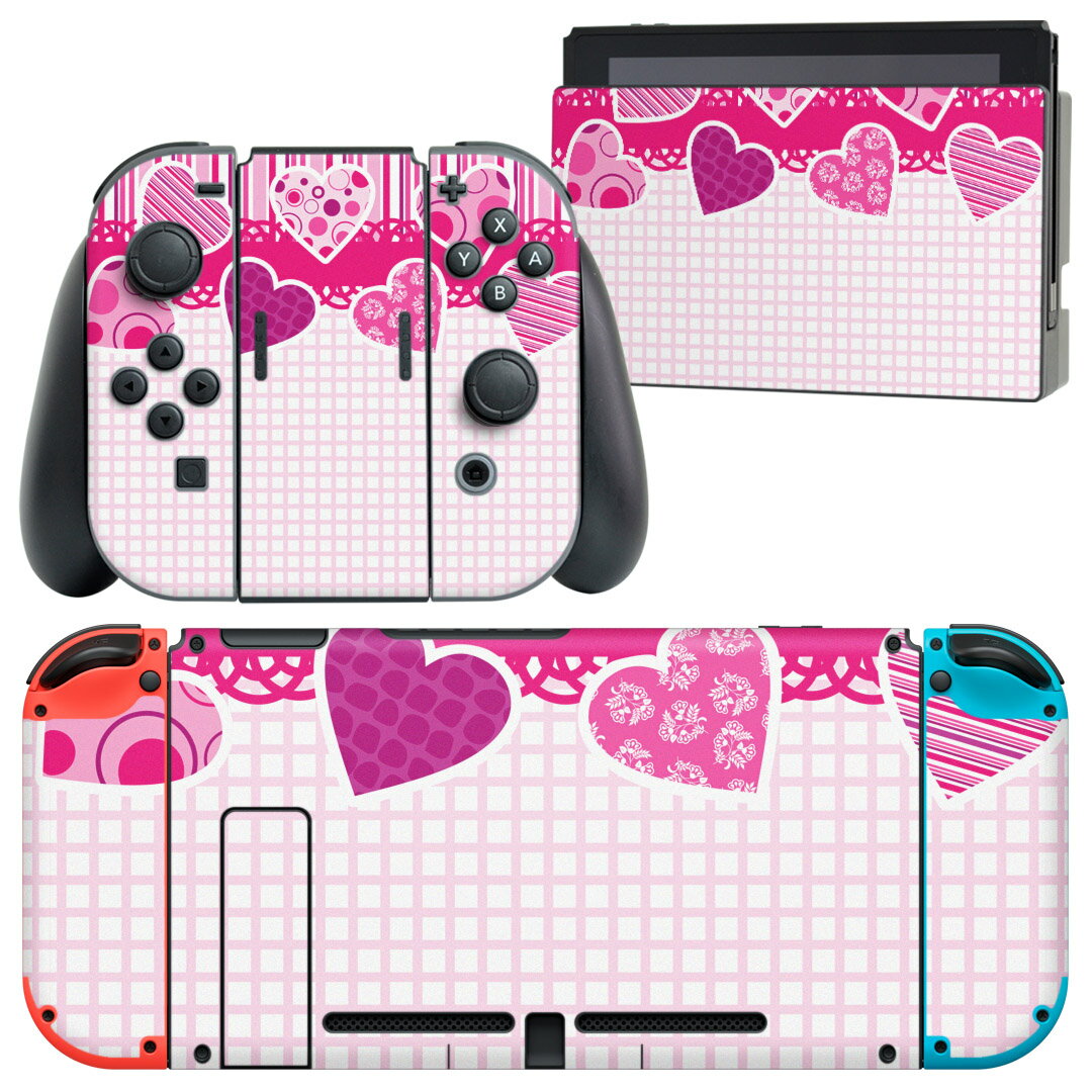 igsticker Nintendo Switch 用 デザインスキンシール 任天堂 ニンテンドー スイッチ 専用 本体ドック Joy-Con Joycon ジョイコン 専用 ゲーム機 カバー アクセサリー フィルム ステッカー 004501 ハート　レース　ピンク