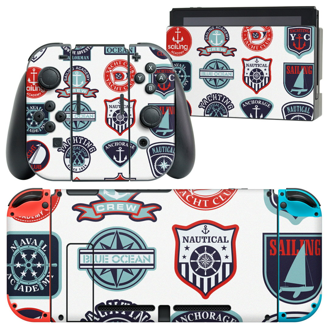 igsticker Nintendo Switch 用 デザインスキンシール 任天堂 ニンテンドー スイッチ 専用 本体ドック Joy-Con Joycon ジョイコン 専用 ゲーム機 カバー アクセサリー フィルム ステッカー 004514 マリン　ワッペン　イラスト