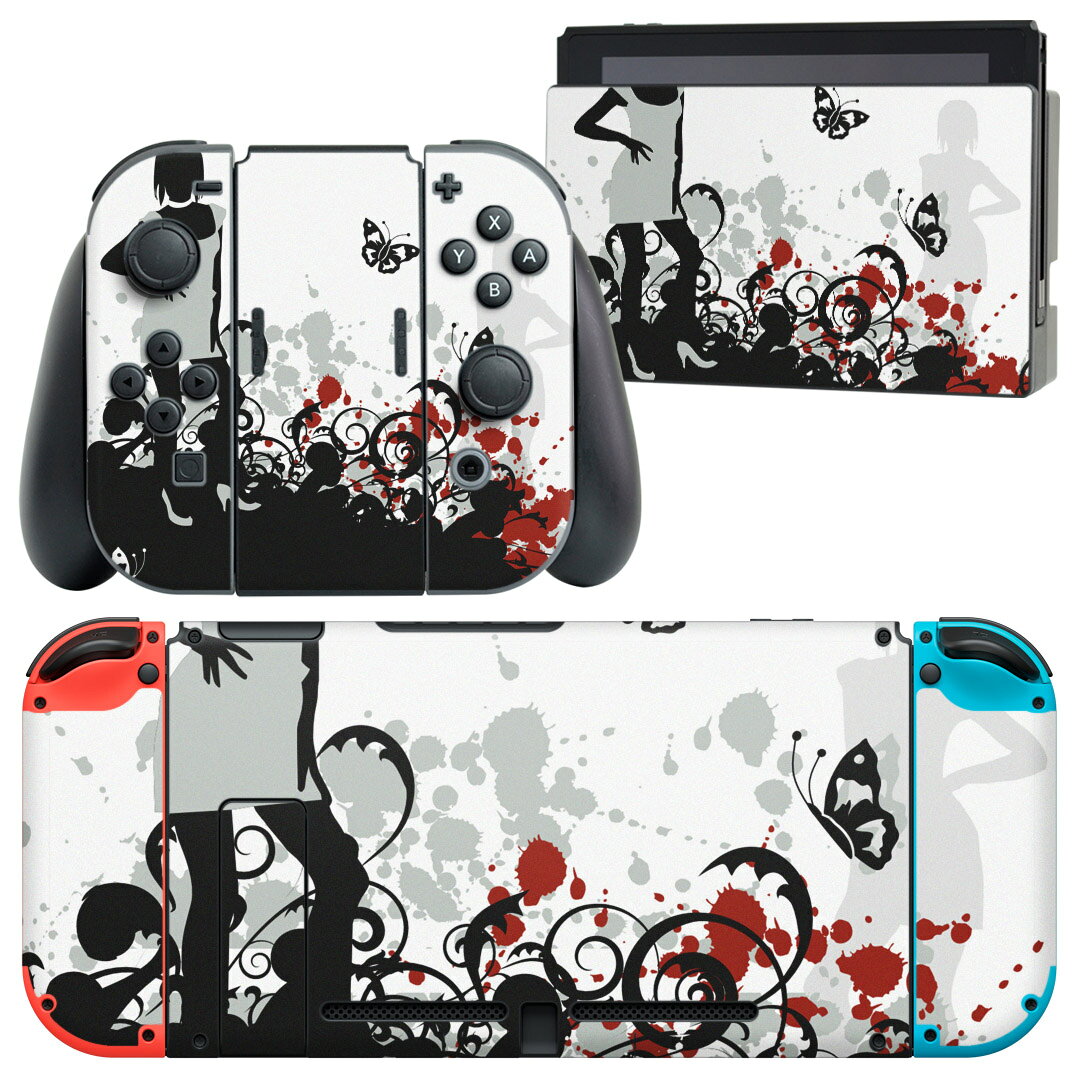 igsticker Nintendo Switch 用 デザインスキンシール 任天堂 ニンテンドー スイッチ 専用 本体ドック Joy-Con Joycon ジョイコン 専用 ゲーム機 カバー アクセサリー フィルム ステッカー 004626 蝶　イラスト　赤　黒