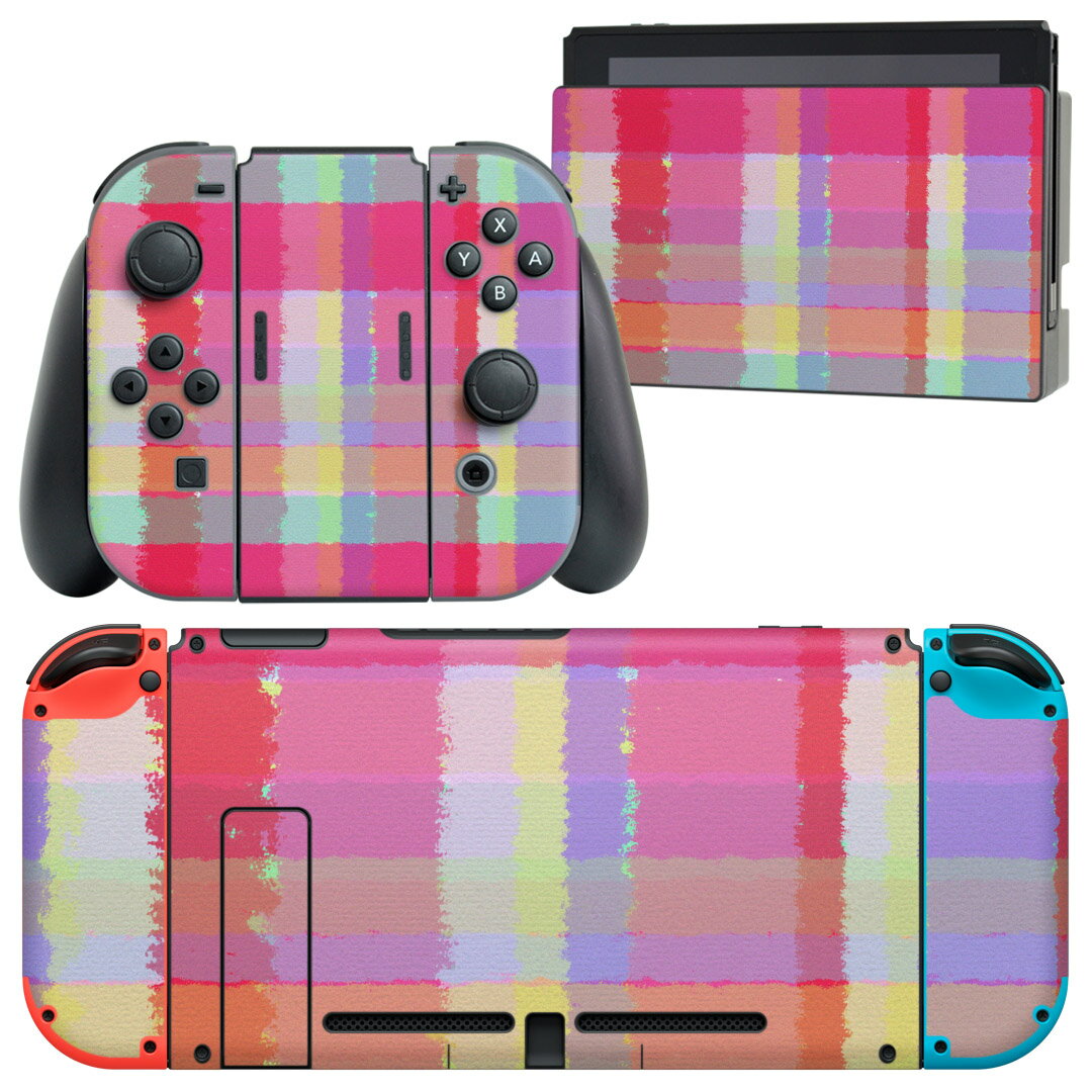 igsticker Nintendo Switch 用 デザインスキンシール 任天堂 ニンテンドー スイッチ 専用 本体ドック Joy-Con Joycon ジョイコン 専用 ゲーム機 カバー アクセサリー フィルム ステッカー 004738 チェック　模様　ピンク