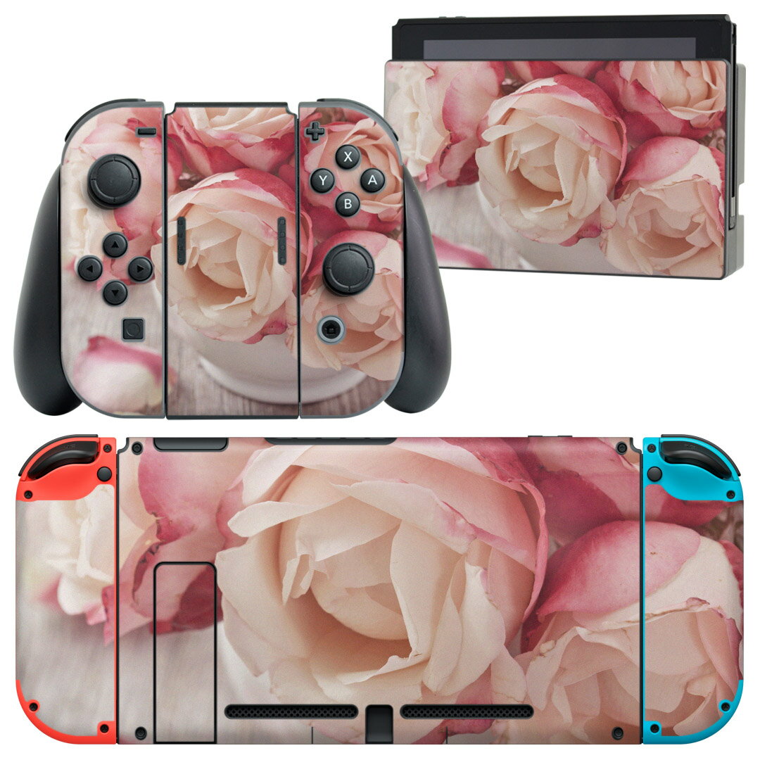 igsticker Nintendo Switch 用 デザインスキンシール 任天堂 ニンテンドー スイッチ 専用 本体ドック Joy-Con Joycon ジョイコン 専用 ゲーム機 カバー アクセサリー フィルム ステッカー 004763 花 ピンク 写真
