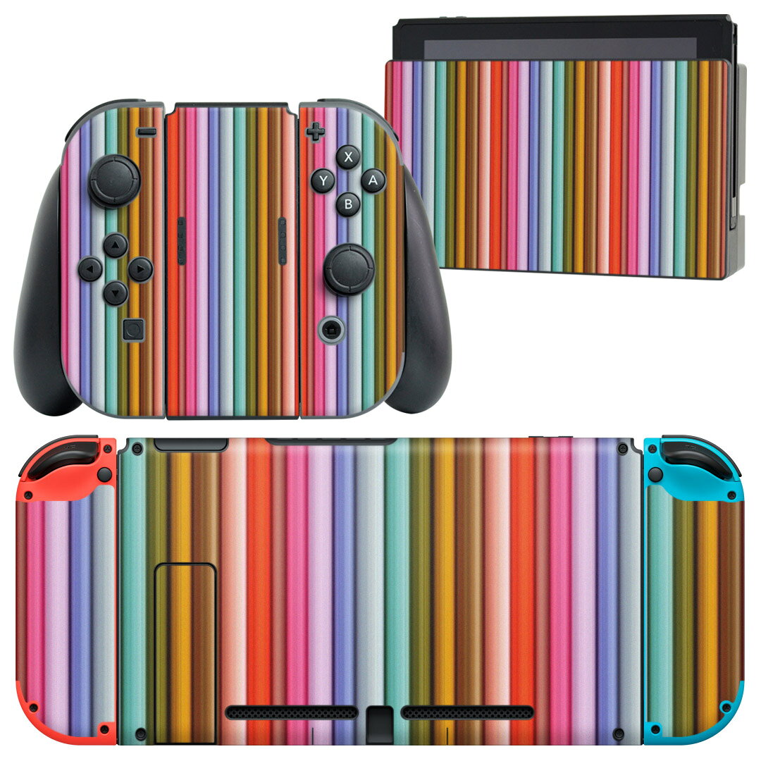 製品名 Nintendo Switch 本体裏面＆ドック正面＆ジョイコン専用 デザインスキンシール セット内容 Nintendo Switch 本体＆ドック＆ジョイコン用スキンシール（各1枚） ニンテンドースイッチ専用です。携帯機のSwitch LiteやProコンには対応していません。 商品特徴 再剥離性シートを素材に採用し、細かな位置調整がしやすく貼り直しが容易です。専用の業務プリンターを使い、商品画像と遜色のない美しい印刷仕上がり。 注意事項 画像はサンプルですので、ご覧の環境によっては多少色味に違いを感じる場合がございます。 イメージと違った、モニターと色味が異なるという理由での交換や返金はご対応出来かねます。スキンシールのみの販売で、ニンテンドースイッチ本体などは付属しません。シワができた場合、ドライヤーなどで軽く温め、外側に向けてシワを伸ばすように貼ってください。初回貼付時の位置調整や貼り直しは可能ですが、しっかりと押し付けて接着させた後の再剥離、再利用は保証しておりません。また接着部に油分や汚れが付着しますと角の部分は剥がれやすくなりますので、貼付時はあまり触れないようにご注意ください。無地のセミグロスシートにデザインをプリントした商品で、デコなどの加工はございません。 凹凸や光沢があるように見えたり布地や金属を素材にしたように見える商品もありますが、デザインの図版によるものです。印刷時に微妙な画像のズレが生じる場合がございます。ご注文後に1点1点制作する受注生産品の為、不良品以外のご返品や交換は固くお断りします。当店における繰り返しの実機テストでは問題ありませんでしたが、経過年数や使用環境により、シールを剥がす際に本体の塗装が一部剥がれる可能性があります。恐れ入りますが、万が一そのような状況になった場合でも当店ではゲーム機本体の保証は出来かねますので、予めご理解の上お求めください。 商品発送 完全受注生産のハンドメイド商品となりますので、既製品と比べて発送までお時間を頂いています。 基本的に決済確認後2?3営業日、最大で10営業日での発送となります。繁忙期や休業日明けの場合はさらに時間がかかる場合があります。 その際には別途メールにてご連絡致します。メール便の場合、発送日から到着までに2?4日ほどかかる場合が多く、紛失などの保障もご対応できかねます。あらかじめご了承下さい。