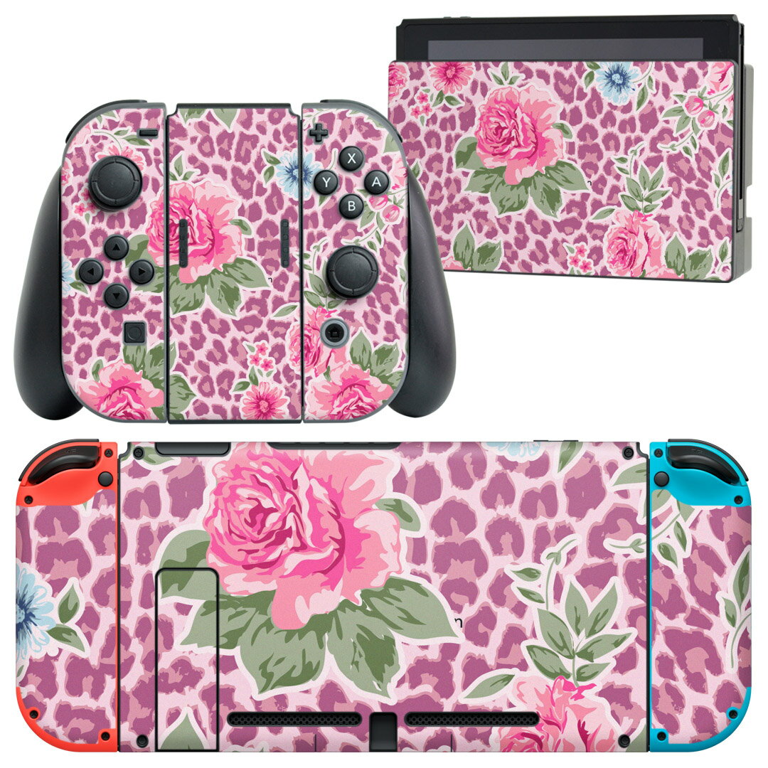 igsticker Nintendo Switch 用 デザインスキンシール 任天堂 ニンテンドー スイッチ 専用 本体ドック Joy-Con Joycon ジョイコン 専用 ゲーム機 カバー アクセサリー フィルム ステッカー 004842 ヒョウ柄　花　ピンク