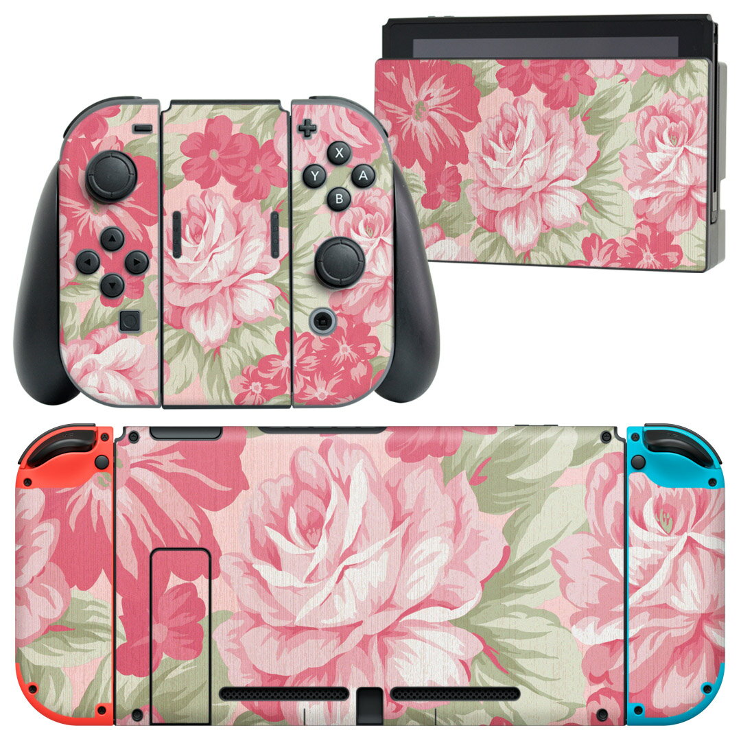 igsticker Nintendo Switch 用 デザインスキンシール 任天堂 ニンテンドー スイッチ 専用 本体ドック Joy-Con Joycon ジョイコン 専用 ゲーム機 カバー アクセサリー フィルム ステッカー 004907 花 ピンク イラスト