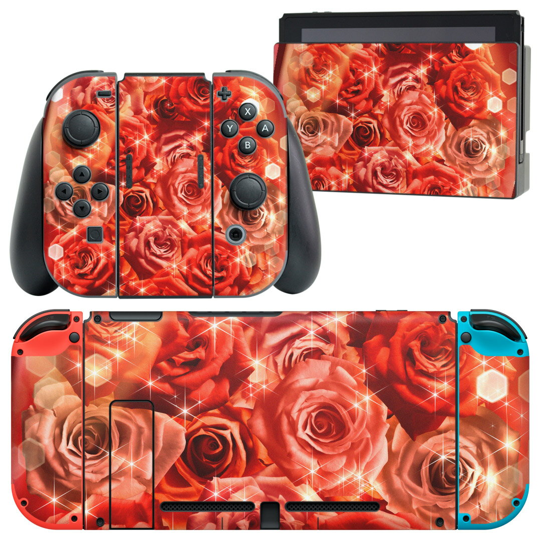 igsticker Nintendo Switch 用 デザインスキンシール 任天堂 ニンテンドー スイッチ 専用 本体ドック Joy-Con Joycon ジョイコン 専用 ゲーム機 カバー アクセサリー フィルム ステッカー 004966 薔薇　赤　写真