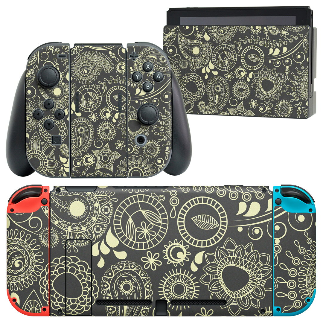 igsticker Nintendo Switch 用 デザインスキンシール 任天堂 ニンテンドー スイッチ 専用 本体ドック Joy-Con Joycon ジョイコン 専用 ゲーム機 カバー アクセサリー フィルム ステッカー 005006 ペイズリー　黒　花