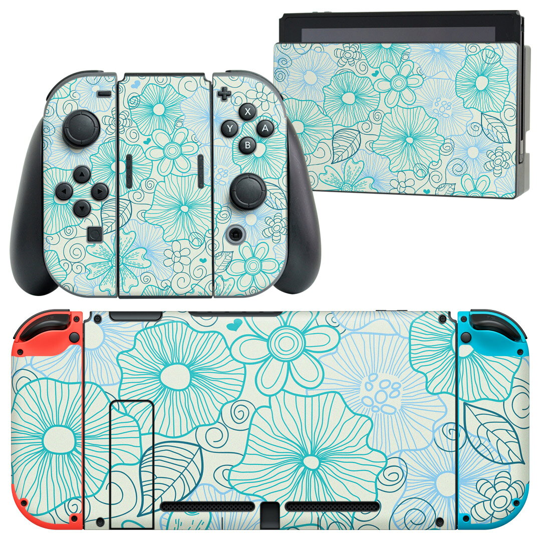 igsticker Nintendo Switch 用 デザインスキンシール 任天堂 ニンテンドー スイッチ 専用 本体ドック Joy-Con Joycon ジョイコン 専用 ゲーム機 カバー アクセサリー フィルム ステッカー 005029 花　青　水色