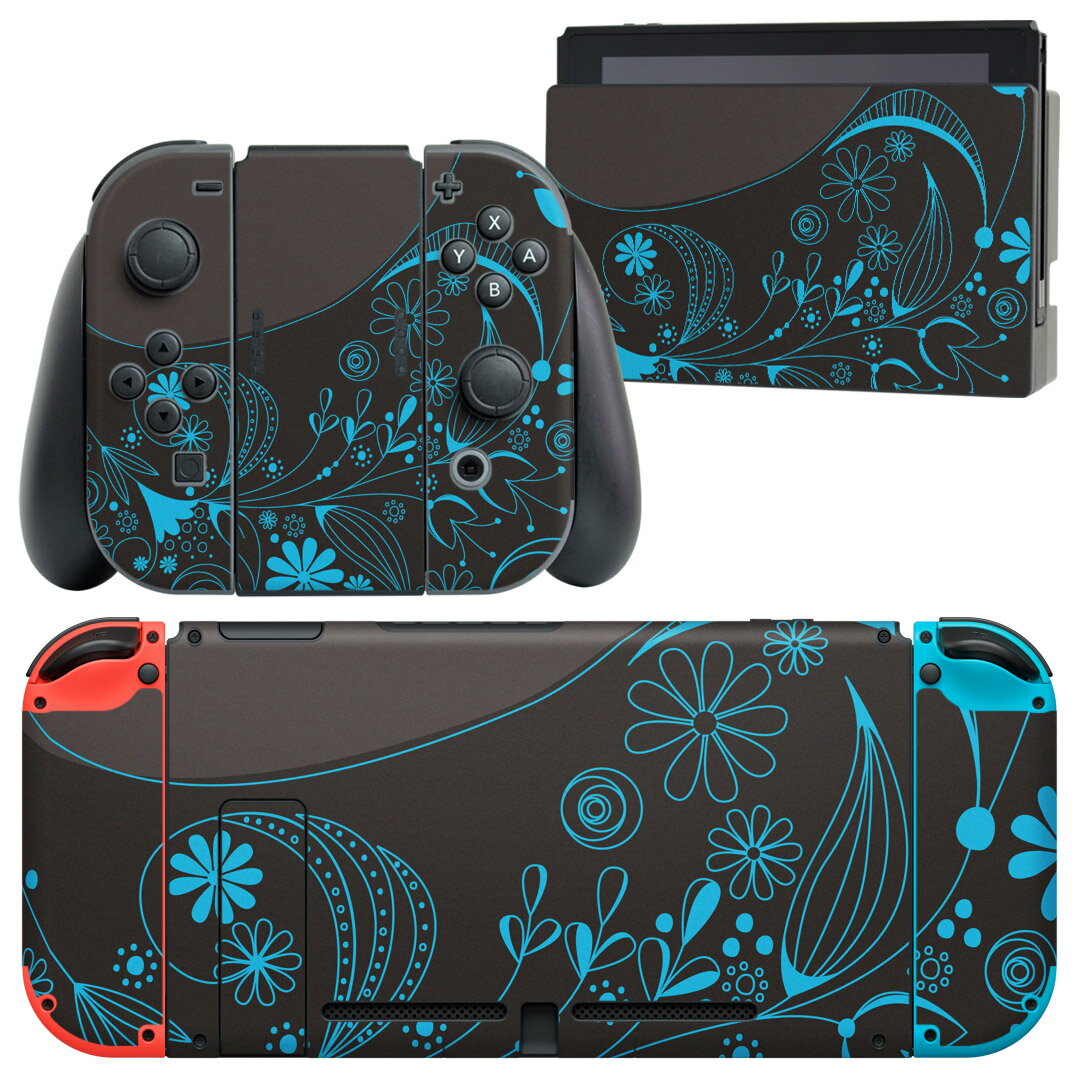 igsticker Nintendo Switch 用 デザインスキンシール 任天堂 ニンテンドー スイッチ 専用 本体ドック Joy-Con Joycon ジョイコン 専用 ゲーム機 カバー アクセサリー フィルム ステッカー 005032 花 黒 青