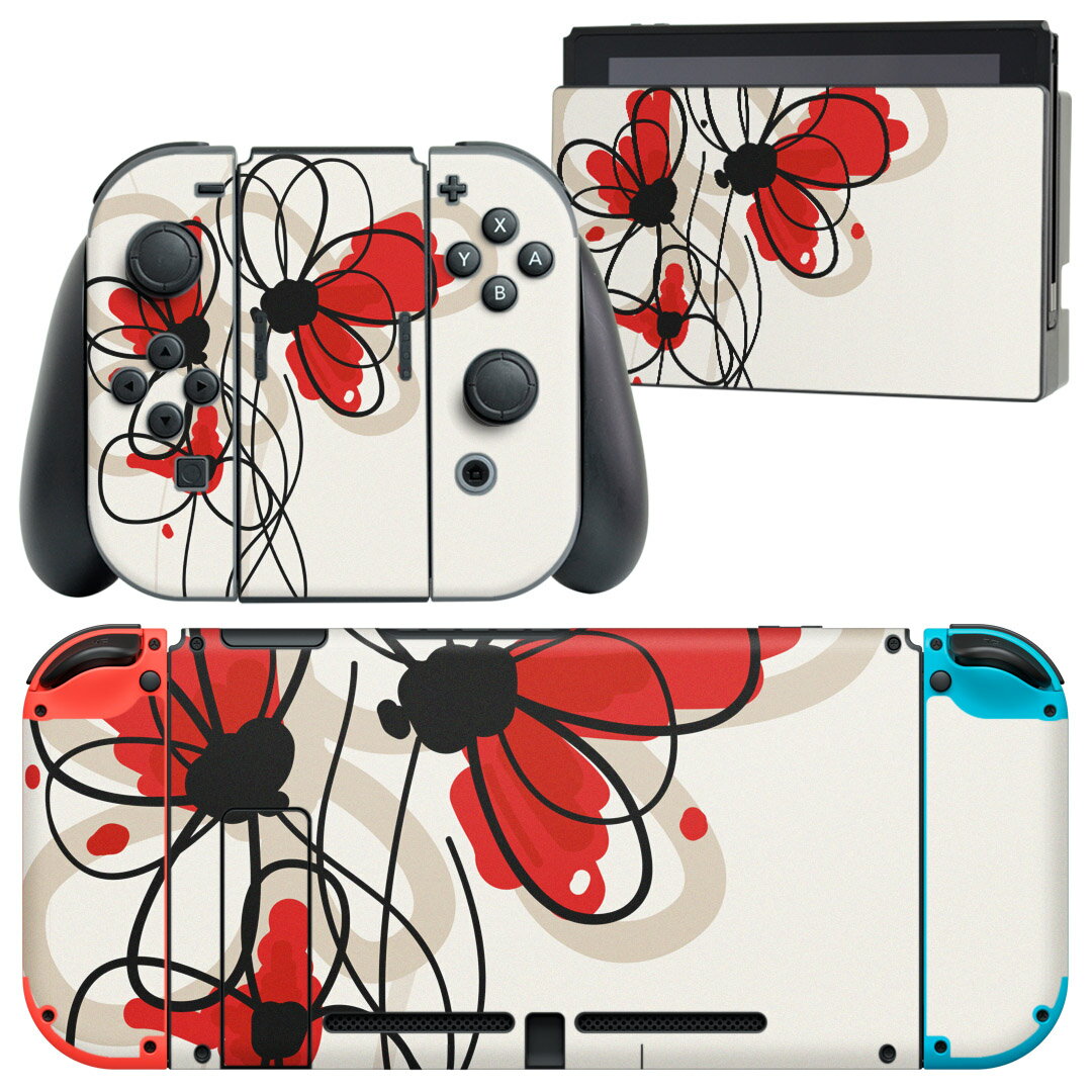樂天商城 - igsticker Nintendo Switch 用 デザインスキンシール 任天堂 ニンテンドー スイッチ 専用 本体ドック Joy-Con Joycon ジョイコン 専用 ゲーム機 カバー アクセサリー フィルム ステッカー 005043 花　赤　シンプル
