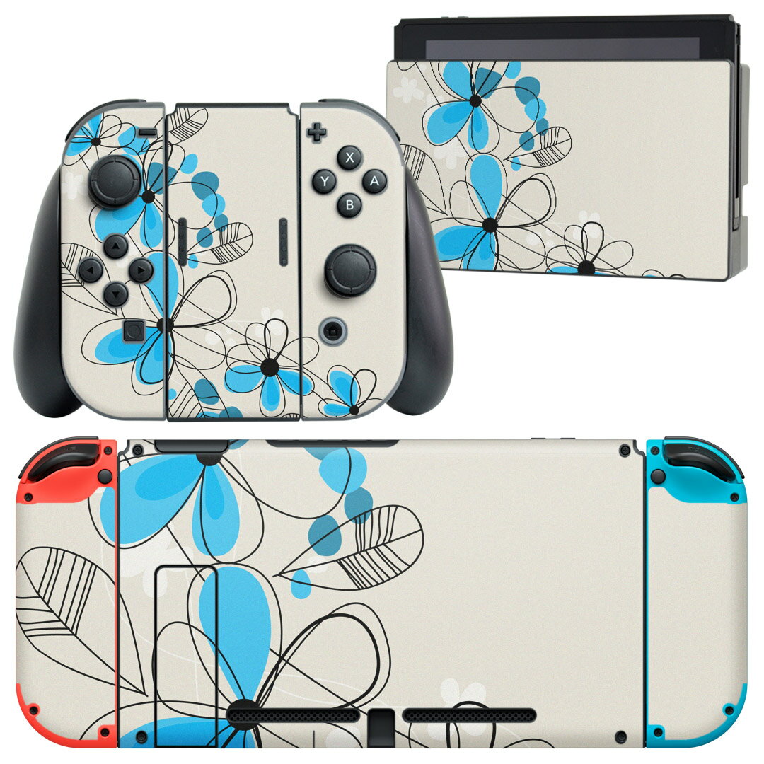 igsticker Nintendo Switch 用 デザインスキンシール 任天堂 ニンテンドー スイッチ 専用 本体ドック Joy-Con Joycon ジョイコン 専用 ゲーム機 カバー アクセサリー フィルム ステッカー 005072 花　青　イラスト