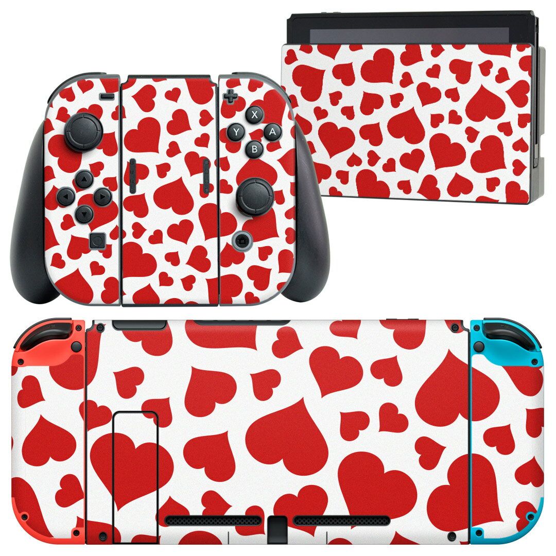 igsticker Nintendo Switch 用 デザインスキンシール 任天堂 ニンテンドー スイッチ 専用 本体ドック Joy-Con Joycon ジョイコン 専用 ゲーム機 カバー アクセサリー フィルム ステッカー 005078 ハート 赤 白