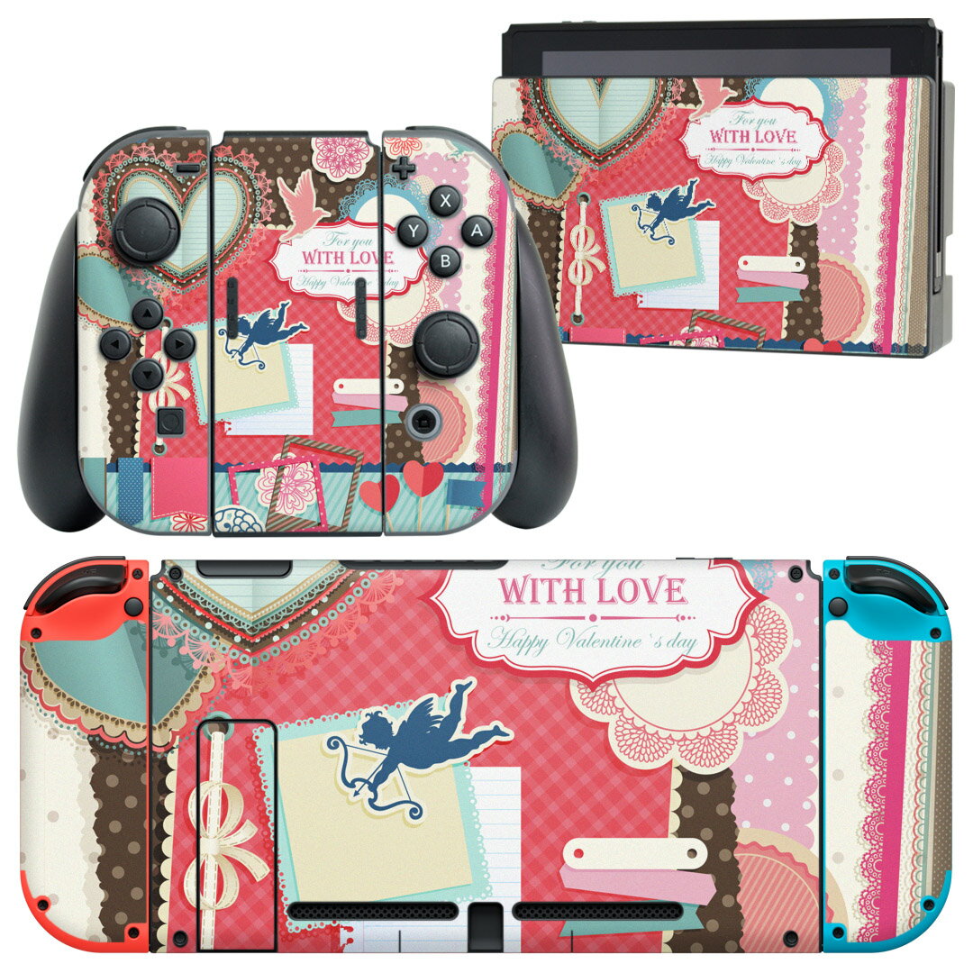 igsticker Nintendo Switch 用 デザインスキンシール 任天堂 ニンテンドー スイッチ 専用 本体ドック Joy-Con Joycon ジョイコン 専用 ゲーム機 カバー アクセサリー フィルム ステッカー 005133 天使 ハート コラージュ