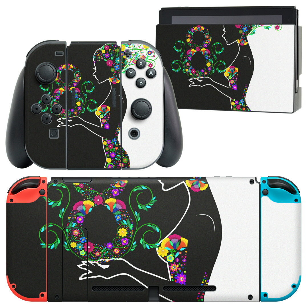 igsticker Nintendo Switch 用 デザインスキンシール 任天堂 ニンテンドー スイッチ 専用 本体ドック Joy-Con Joycon ジョイコン 専用 ゲーム機 カバー アクセサリー フィルム ステッカー 005144 花　　白　黒