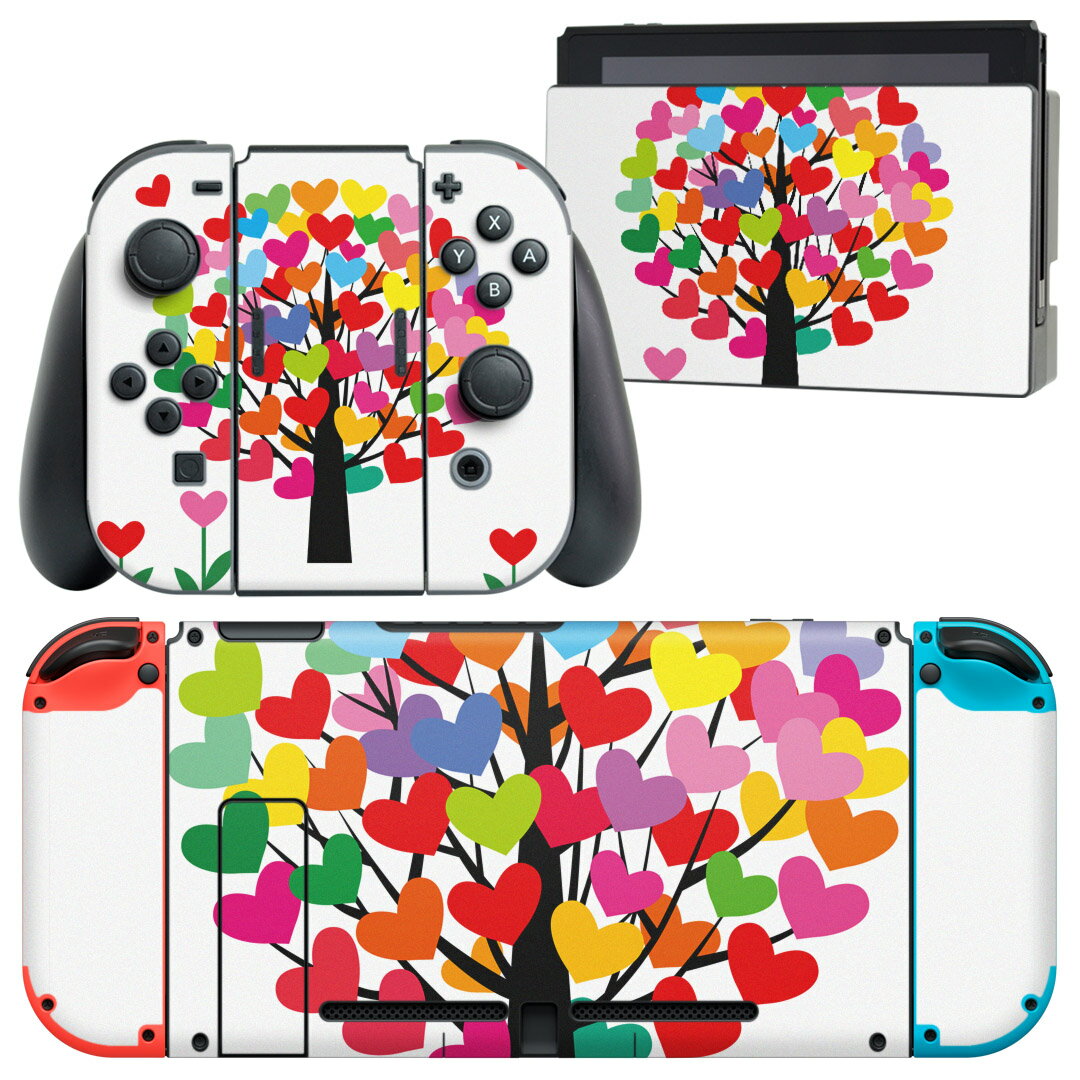 igsticker Nintendo Switch 用 デザインスキンシール 任天堂 ニンテンドー スイッチ 専用 本体ドック Joy-Con Joycon ジョイコン 専用 ゲーム機 カバー アクセサリー フィルム ステッカー 005222 ハート カラフル 木