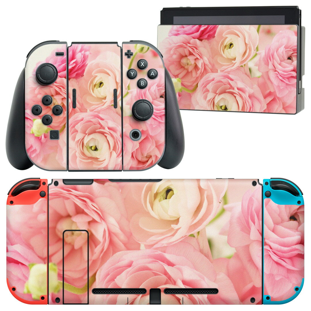 igsticker Nintendo Switch 用 デザインスキンシール 任天堂 ニンテンドー スイッチ 専用 本体ドック Joy-Con Joycon ジョイコン 専用 ゲーム機 カバー アクセサリー フィルム ステッカー 005242 花　リボン　ピンク