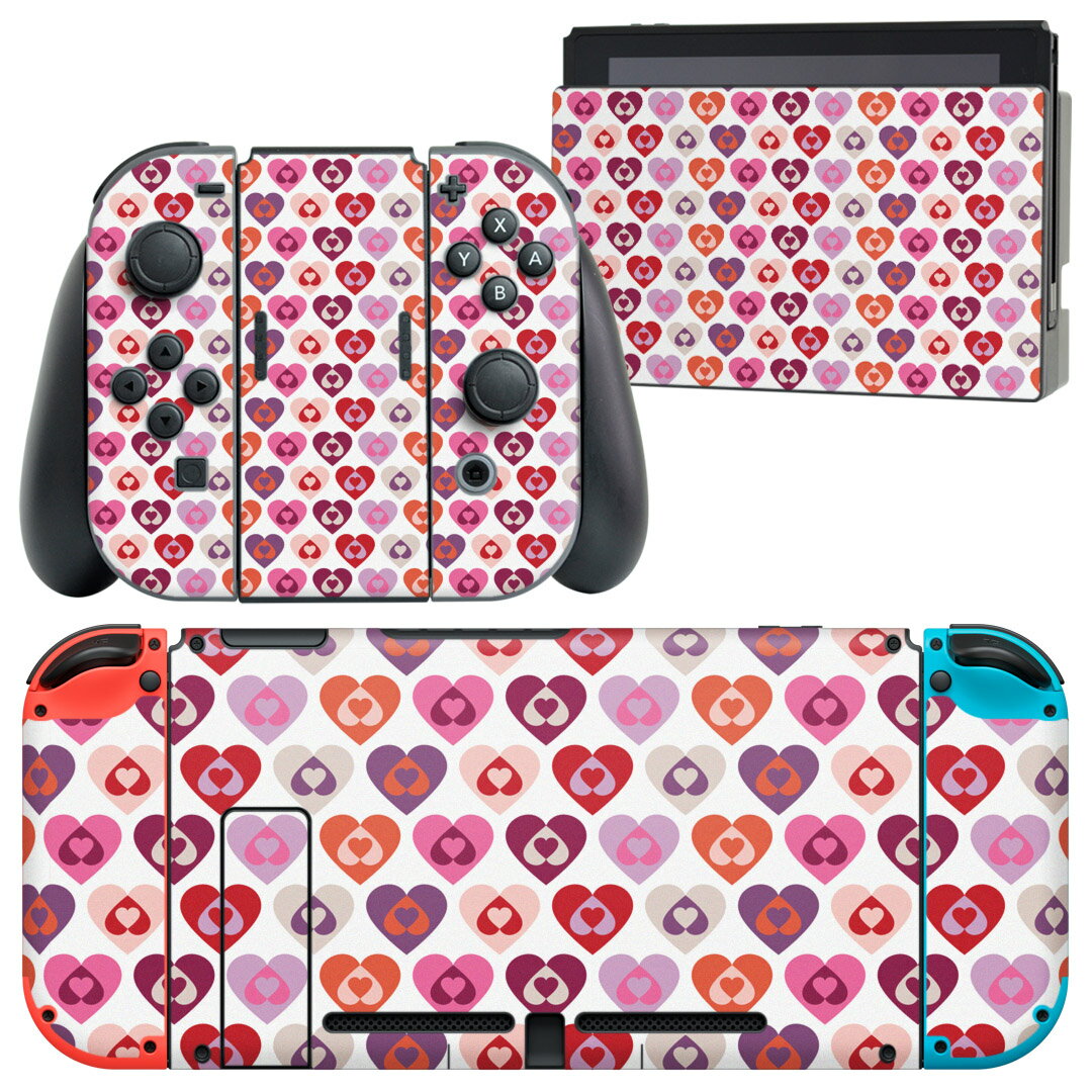 igsticker Nintendo Switch 用 デザインスキンシール 任天堂 ニンテンドー スイッチ 専用 本体ドック Joy-Con Joycon ジョイコン 専用 ゲーム機 カバー アクセサリー フィルム ステッカー 005244 ハート　赤　模様