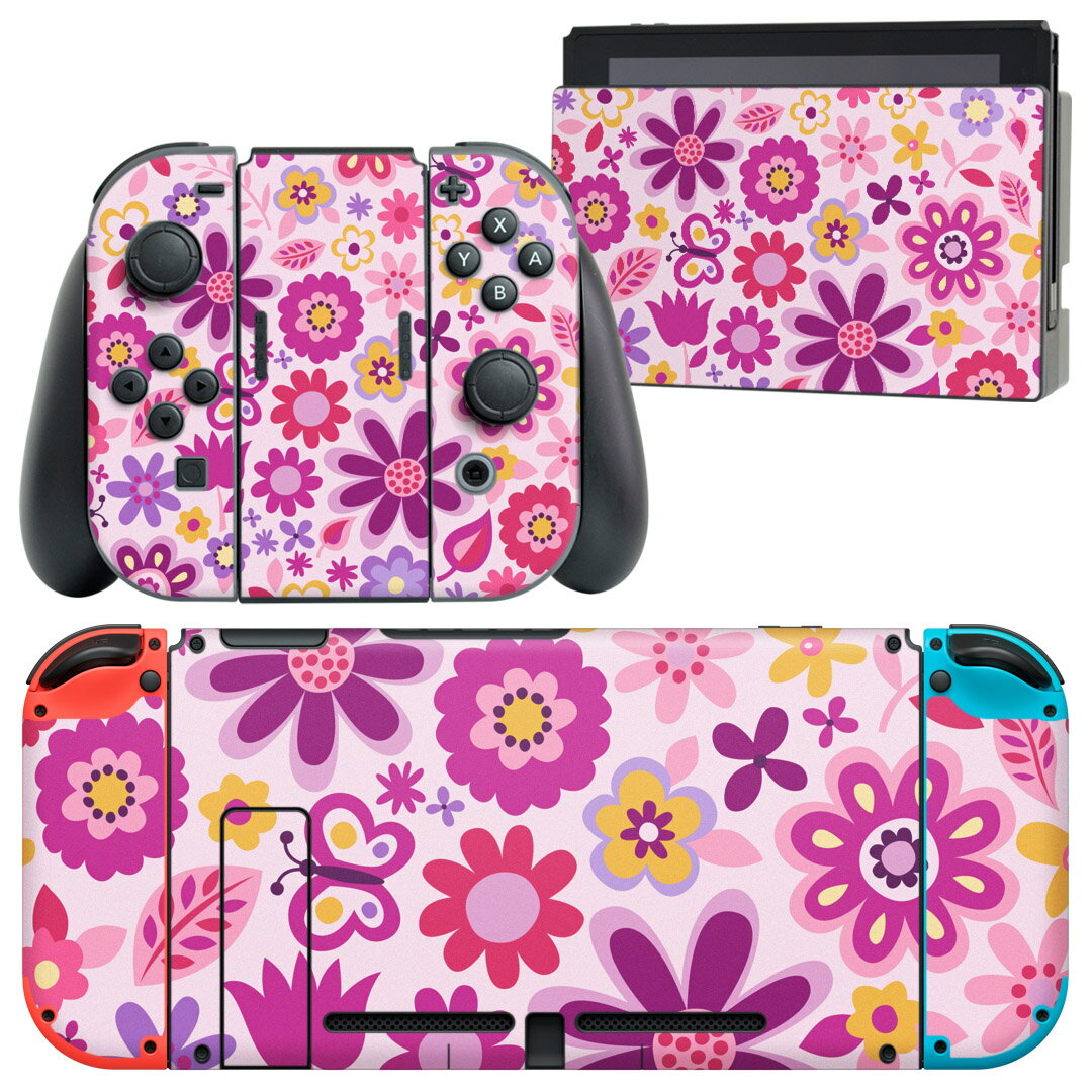 igsticker Nintendo Switch 用 デザインスキンシール 任天堂 ニンテンドー スイッチ 専用 本体ドック Joy-Con Joycon ジョイコン 専用 ゲーム機 カバー アクセサリー フィルム ステッカー 005281 花　蝶　ポップ