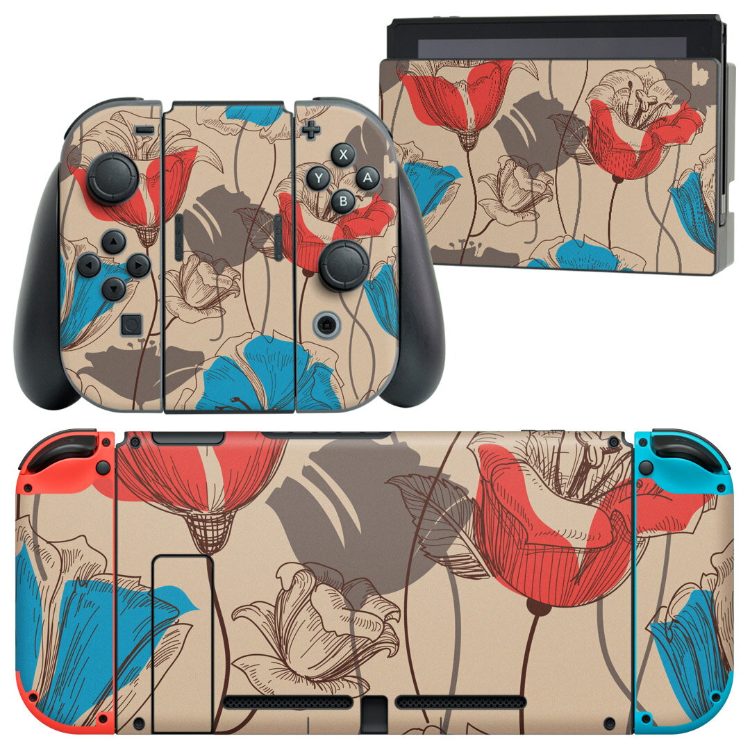 igsticker Nintendo Switch 用 デザインスキンシール 任天堂 ニンテンドー スイッチ 専用 本体ドック Joy-Con Joycon ジョイコン 専用 ゲーム機 カバー アクセサリー フィルム ステッカー 005284 花　モダン　赤　青
