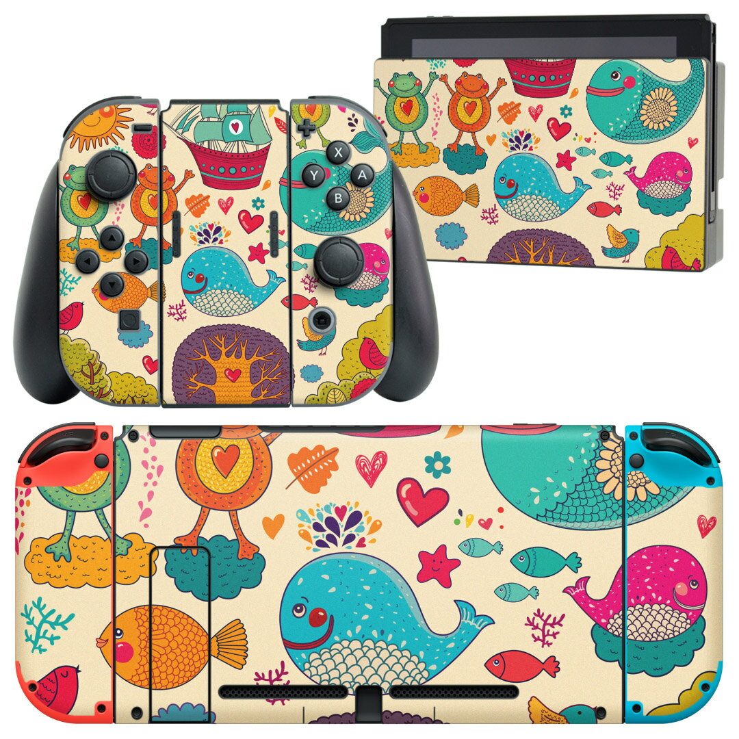 igsticker Nintendo Switch 用 デザインスキンシール 任天堂 ニンテンドー スイッチ 専用 本体ドック Joy-Con Joycon ジョイコン 専用 ゲーム機 カバー アクセサリー フィルム ステッカー 005298 くじら　カエル　イラスト