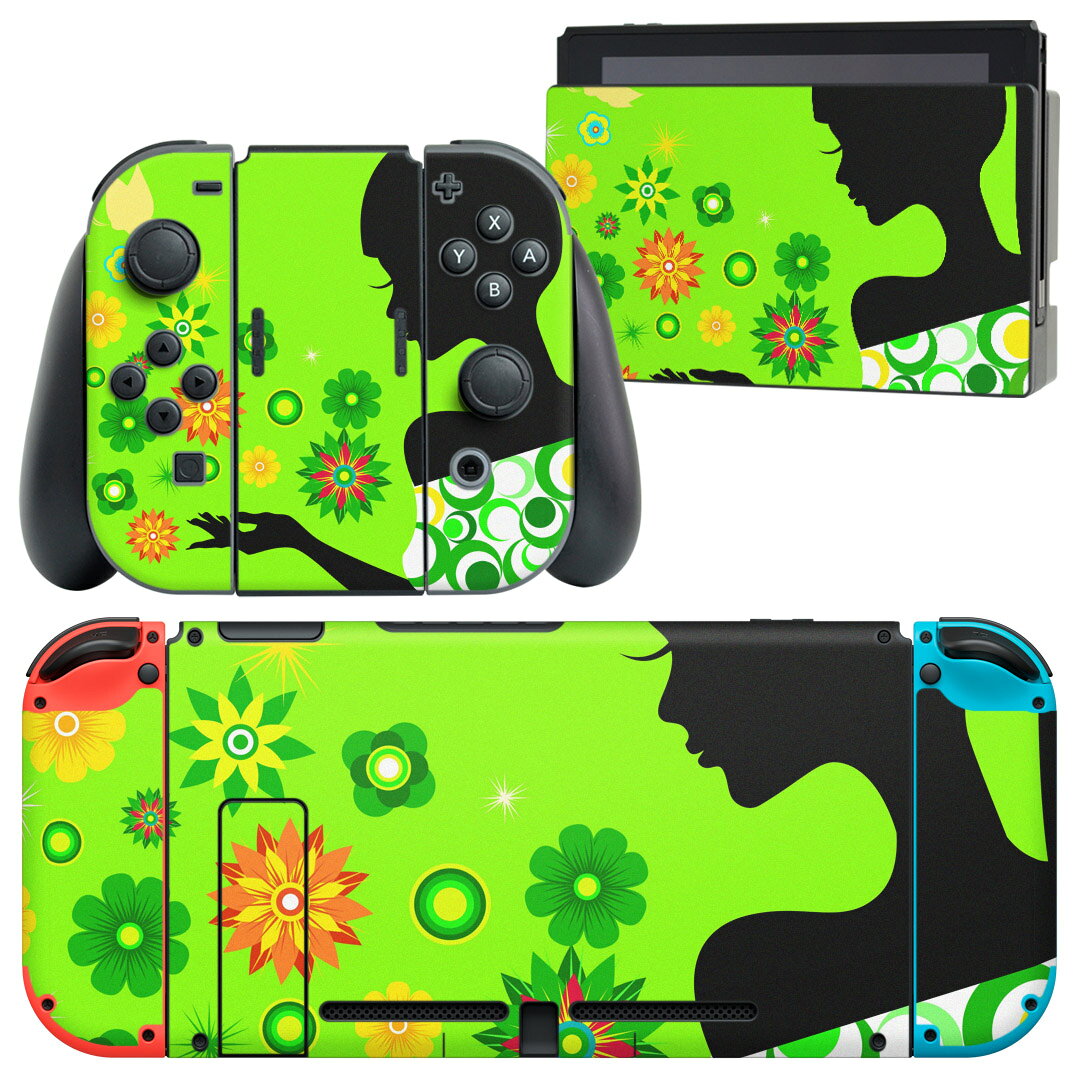 igsticker Nintendo Switch 用 デザインスキンシール 任天堂 ニンテンドー スイッチ 専用 本体ドック Joy-Con Joycon ジョイコン 専用 ゲーム機 カバー アクセサリー フィルム ステッカー 005312 花　蝶　緑