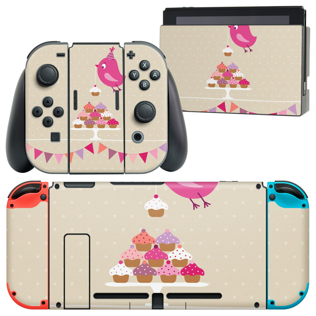 igsticker Nintendo Switch 用 デザインスキンシール 任天堂 ニンテンドー スイッチ 専用 本体ドック Joy-Con Joycon ジョイコン 専用 ゲーム機 カバー アクセサリー フィルム ステッカー 005316 ケーキ　鳥　デザート