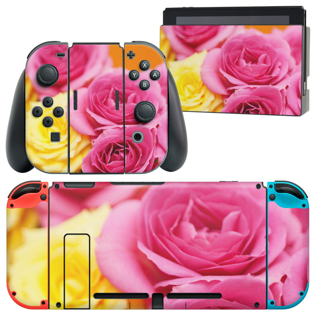 igsticker Nintendo Switch 用 デザインスキンシール 任天堂 ニンテンドー スイッチ 専用 本体ドック Joy-Con Joycon ジョイコン 専用 ゲーム機 カバー アクセサリー フィルム ステッカー 005337 ピンク　黄色　花