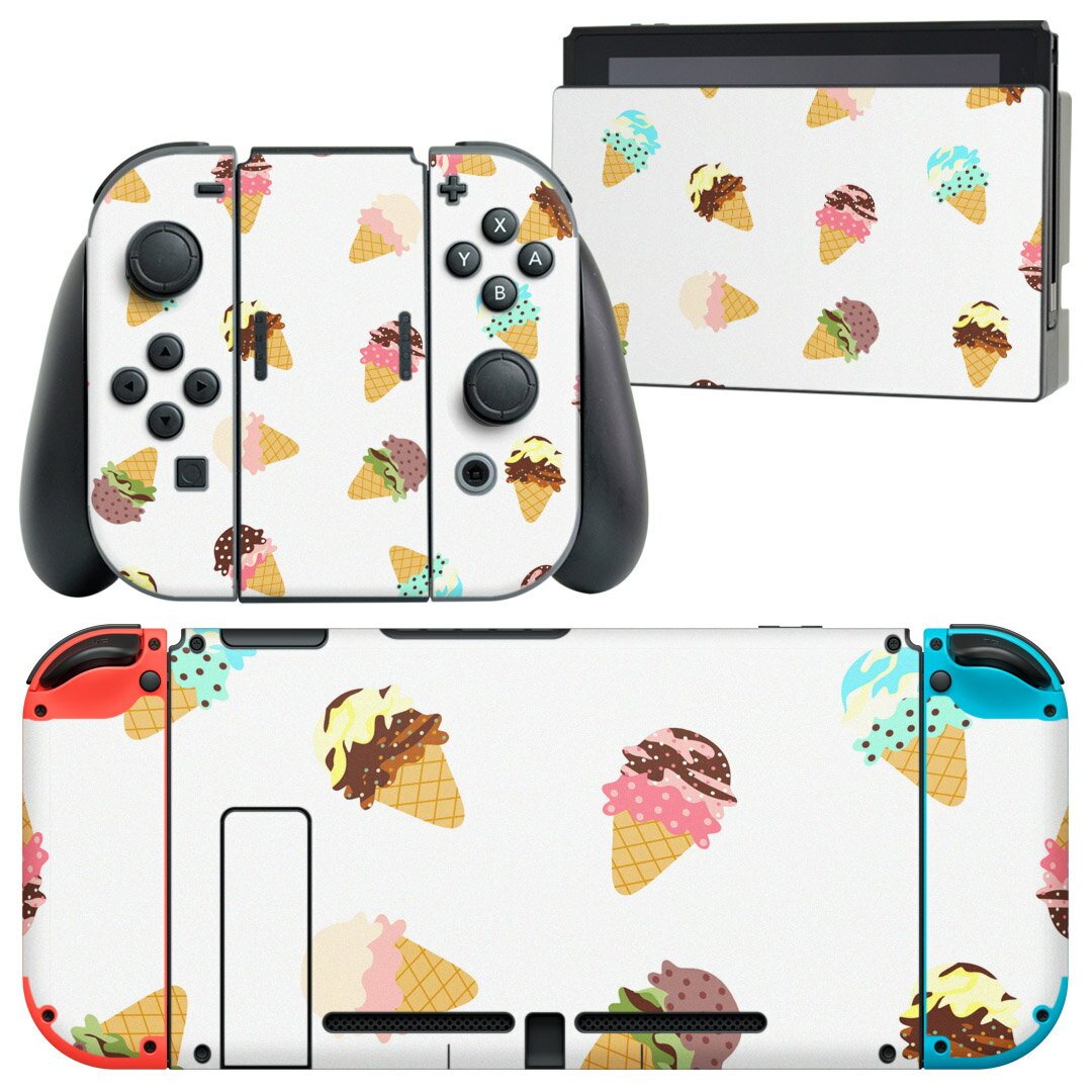igsticker Nintendo Switch 用 デザインスキンシール 任天堂 ニンテンドー スイッチ 専用 本体ドック Joy-Con Joycon ジョイコン 専用 ゲーム機 カバー アクセサリー フィルム ステッカー 005395 アイス 模様 カラフル