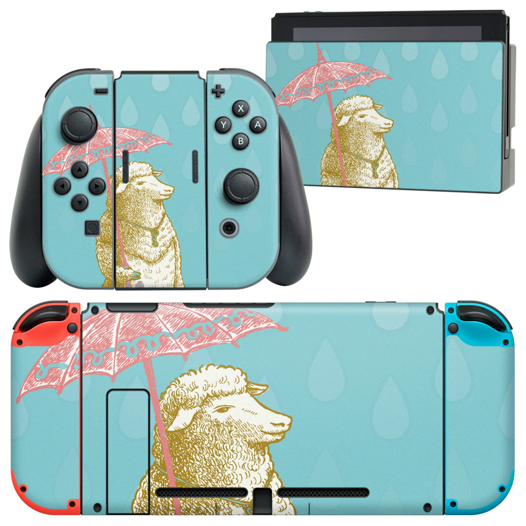igsticker Nintendo Switch 用 デザインスキンシール 任天堂 ニンテンドー スイッチ 専用 本体ドック Joy-Con Joycon ジョイコン 専用 ゲーム機 カバー アクセサリー フィルム ステッカー 005426 ひつじ　雨　イラスト