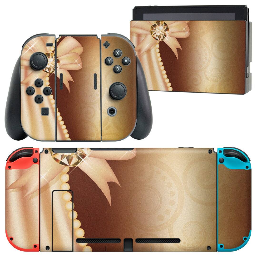 igsticker Nintendo Switch 用 デザインスキンシール 任天堂 ニンテンドー スイッチ 専用 本体ドック Joy-Con Joycon ジョイコン 専用 ゲーム機 カバー アクセサリー フィルム ステッカー 005440 リボン　きらきら