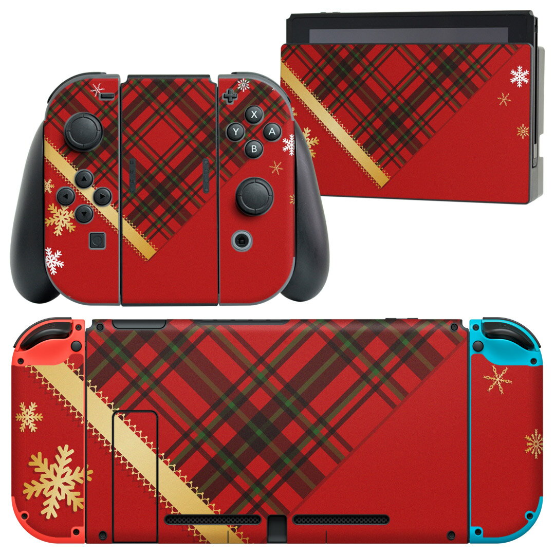 igsticker Nintendo Switch 用 デザインスキンシール 任天堂 ニンテンドー スイッチ 専用 本体ドック Joy-Con Joycon ジョイコン 専用 ゲーム機 カバー アクセサリー フィルム ステッカー 005538 赤　チェック　雪　結晶