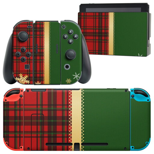 igsticker Nintendo Switch 用 デザインスキンシール 任天堂 ニンテンドー スイッチ 専用 本体ドック Joy-Con Joycon ジョイコン 専用 ゲーム機 カバー アクセサリー フィルム ステッカー 005539 赤 チェック 雪 結晶