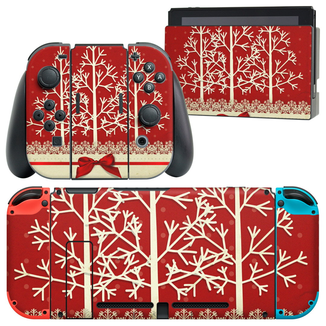 igsticker Nintendo Switch 用 デザインスキンシール 任天堂 ニンテンドー スイッチ 専用 本体ドック Joy-Con Joycon ジョイコン 専用 ゲーム機 カバー アクセサリー フィルム ステッカー 005557 リボン 赤 ツリー