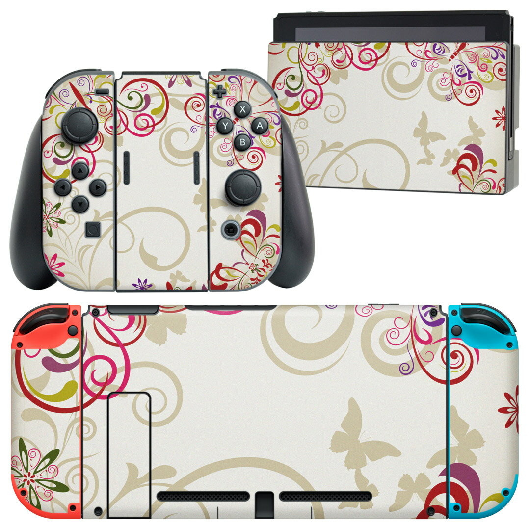 igsticker Nintendo Switch 用 デザインスキンシール 任天堂 ニンテンドー スイッチ 専用 本体ドック Joy-Con Joycon ジョイコン 専用 ゲーム機 カバー アクセサリー フィルム ステッカー 005601 花  蝶