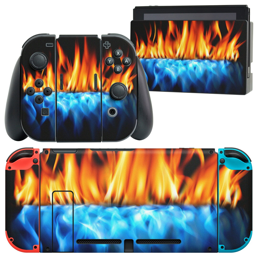 igsticker Nintendo Switch 用 デザインスキンシール 任天堂 ニンテンドー スイッチ 専用 本体ドック Joy-Con Joycon ジョイコン 専用 ゲーム機 カバー アクセサリー フィルム ステッカー 005691 炎　赤　青