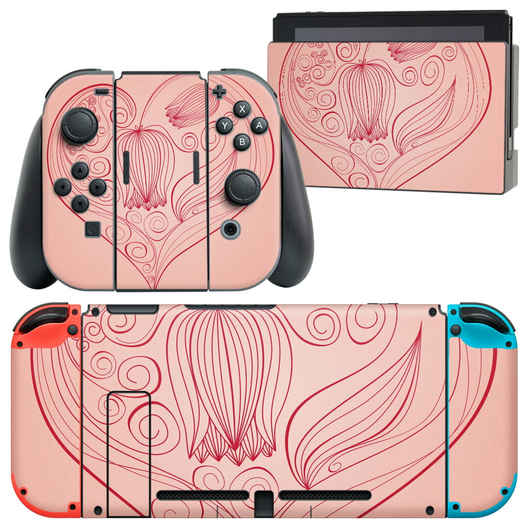 igsticker Nintendo Switch 用 デザインスキンシール 任天堂 ニンテンドー スイッチ 専用 本体ドック Joy-Con Joycon ジョイコン 専用 ゲーム機 カバー アクセサリー フィルム ステッカー 005842 花 ハート