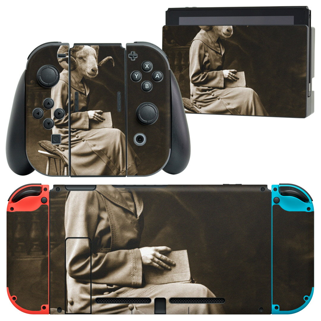 igsticker Nintendo Switch 用 デザインスキンシール 任天堂 ニンテンドー スイッチ 専用 本体ドック Joy-Con Joycon ジョイコン 専用 ゲーム機 カバー アクセサリー フィルム ステッカー 005945 アニマル 写真 ヤギ 人物