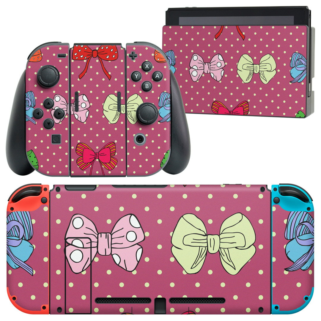 igsticker Nintendo Switch 用 デザインスキンシール 任天堂 ニンテンドー スイッチ 専用 本体ドック Joy-Con Joycon ジョイコン 専用 ゲーム機 カバー アクセサリー フィルム ステッカー 006073 リボン　水玉