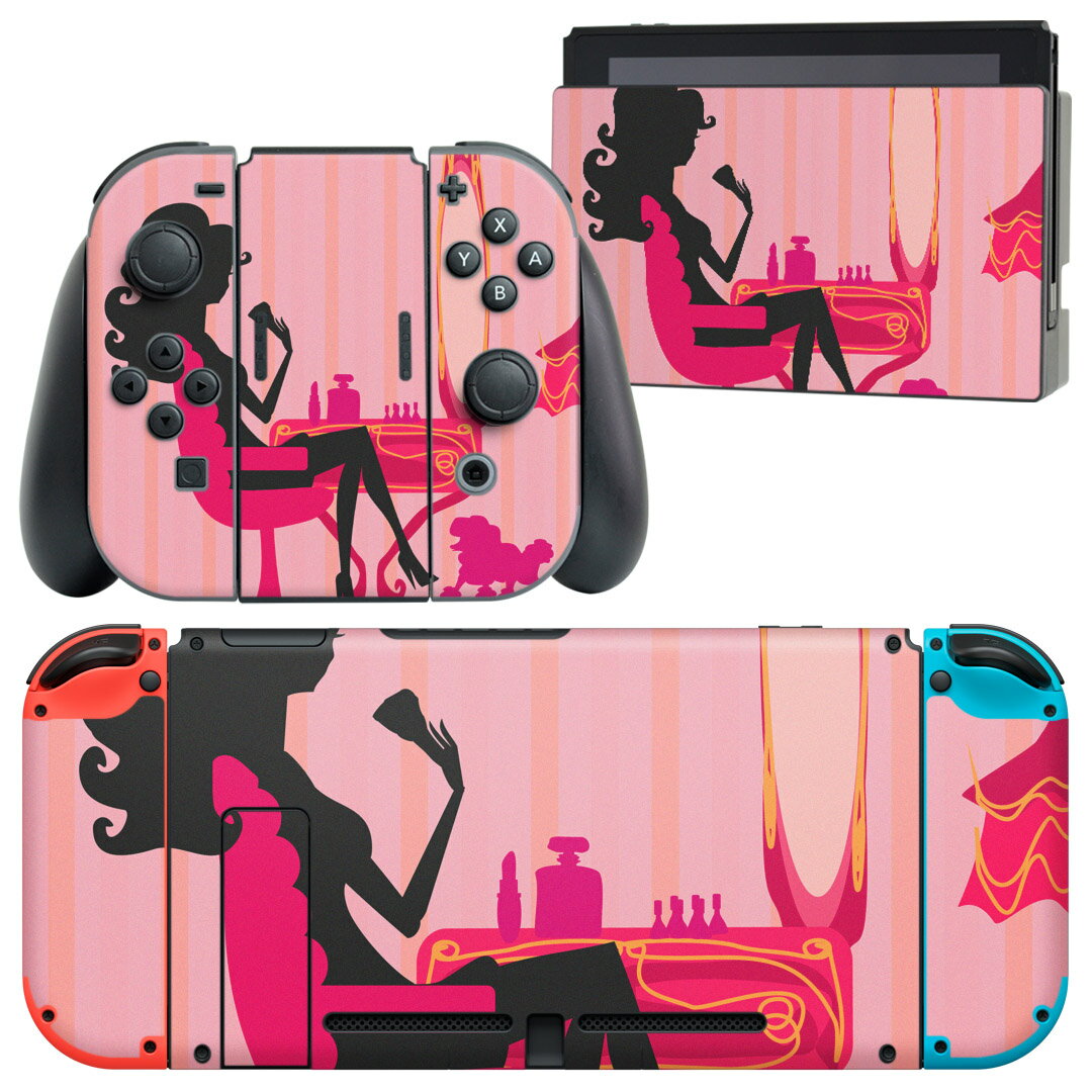 igsticker Nintendo Switch 用 デザインスキンシール 任天堂 ニンテンドー スイッチ 専用 本体ドック Joy-Con Joycon ジョイコン 専用 ゲーム機 カバー アクセサリー フィルム ステッカー 006140 人物　鏡　ピンク